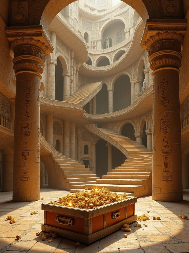 Hyper realistic room inside an Egyptian pyramid inspired by M.C. Escher's style. Incorporate impossible geometries and interconnected elements. Create a transition between foreground and background with stairs, arches, pathways. Walls decorated with murals and symbols. A hyper realistic wooden crate overflowing with artifacts, jewels, and gold without a lid.