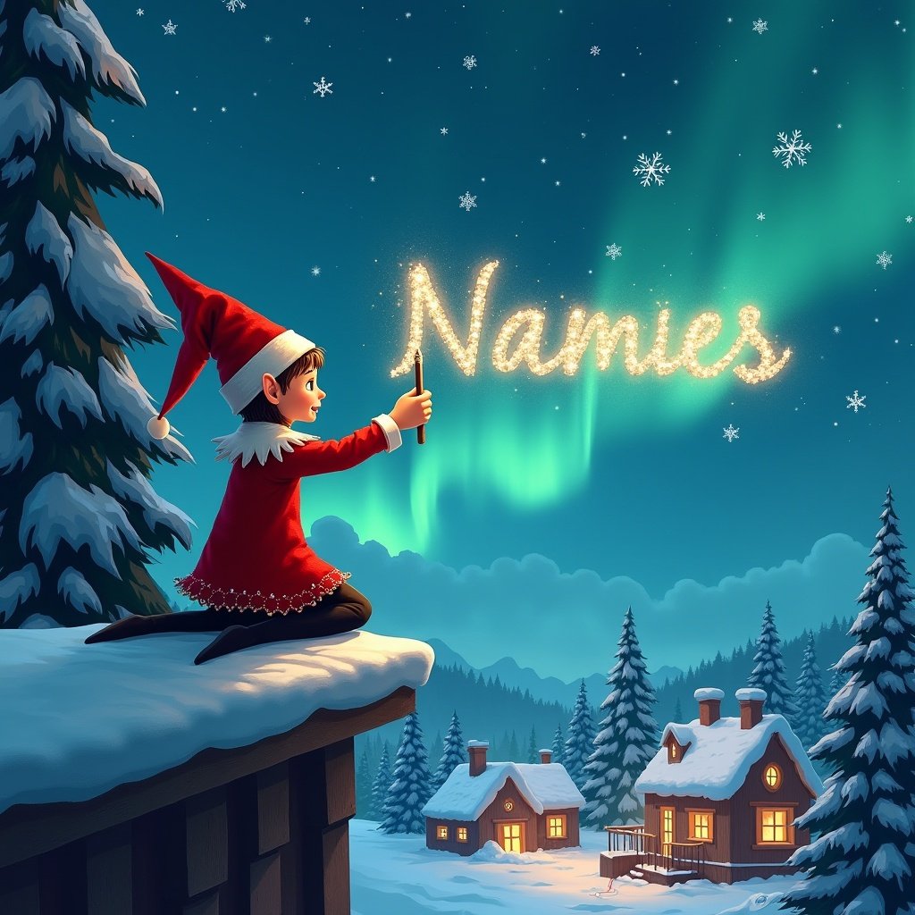 An elf dressed in red with a pointed hat writes names in a magical sky using a wand. Below, a snowy landscape features houses and trees illuminated by the Northern Lights. The scene embodies childhood magic and Christmas spirit.