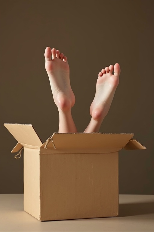 Woman's feet sticking out of a cardboard box. Neutral background enhances focus on the feet. Simple yet intriguing composition creates a playful vibe.