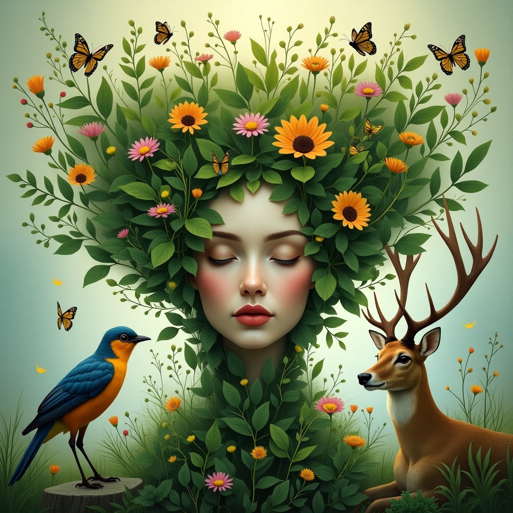 A mystical figure emerges from the heart of nature, her hair made of lush green leaves interwoven with colorful wildflowers. Surrounding her are delicate butterflies fluttering close, a vibrant bird perched nearby, and a graceful deer, creating a harmonious blend of flora and fauna. The image evokes a sense of serenity and connection to the earth, capturing the essence of the natural world.