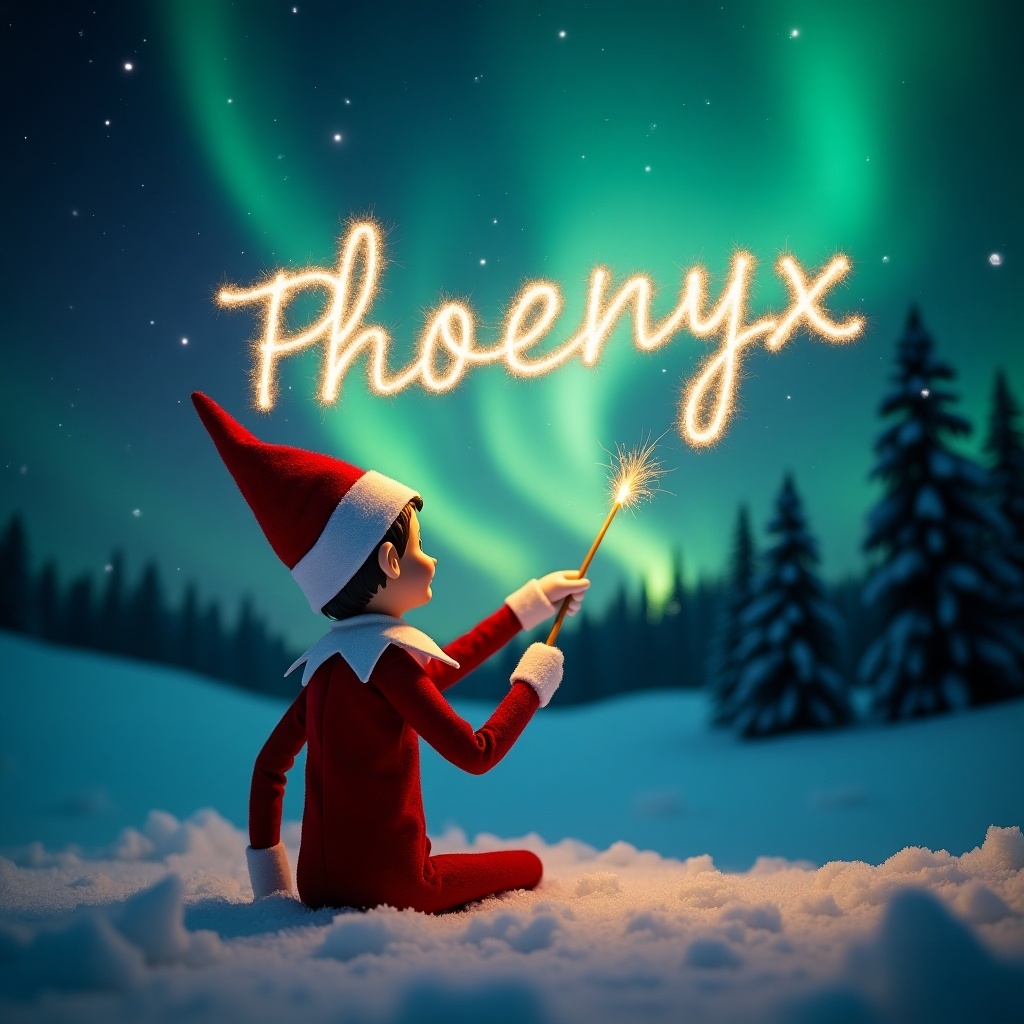 This image showcases an elf on the shelf positioned with its back to the viewer. The elf, dressed in a traditional red outfit, is facing up towards a beautiful dark sky filled with vibrant northern lights. With a magic wand in hand, it is elegantly writing the name Phoenyx in sparkling letters against the backdrop. The snowy ground adds a serene touch to the magical scene. The overall atmosphere is filled with wonder and holiday joy, perfect for capturing the essence of Christmas.