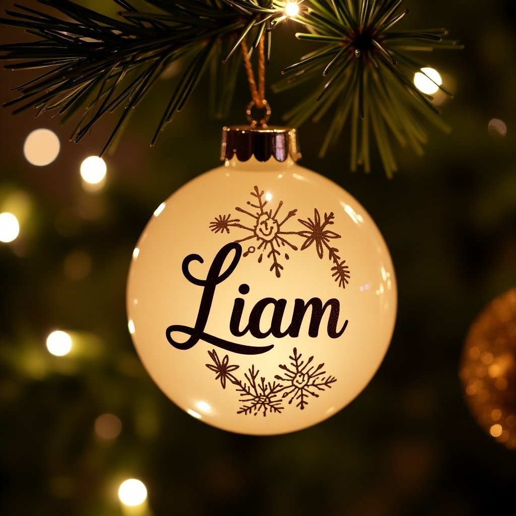 Beautiful memorial bauble hanging on a decorated Christmas tree. The name 'Liam' elegantly displayed in a stylish font. Soft lights in the background create a warm atmosphere.