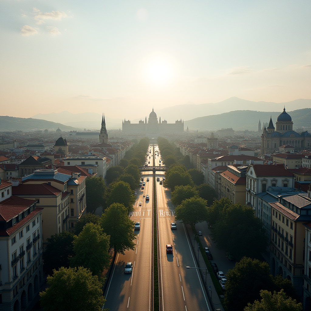 The image captures a cityscape with a grand building silhouetted against a setting sun, and a tree-lined road stretching into the distance.