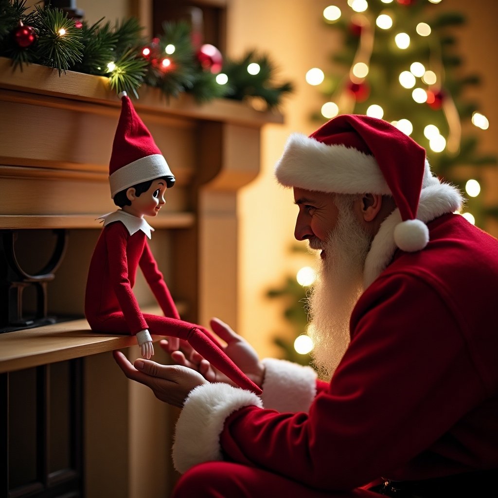 Elf on the shelf interacts with Santa. Discussion about a child's listening to family members. Captures holiday spirit with warmth.