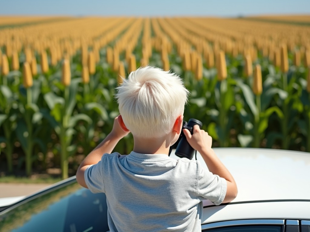 A young child with platinum blonde hair gazes through binoculars over a vast cornfield, standing on the edge of a car. The endless rows of corn stretch into the horizon under the bright midday sun, creating a pattern that evokes a sense of adventure and discovery. The scene captures a moment of curiosity and exploration in a rural setting.