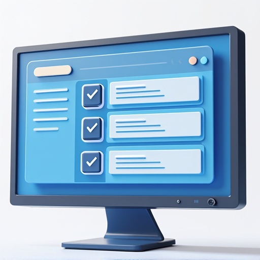 3D rendering of a computer monitor showing a blue user interface. The interface has checkboxes and text fields. Simple and modern design.