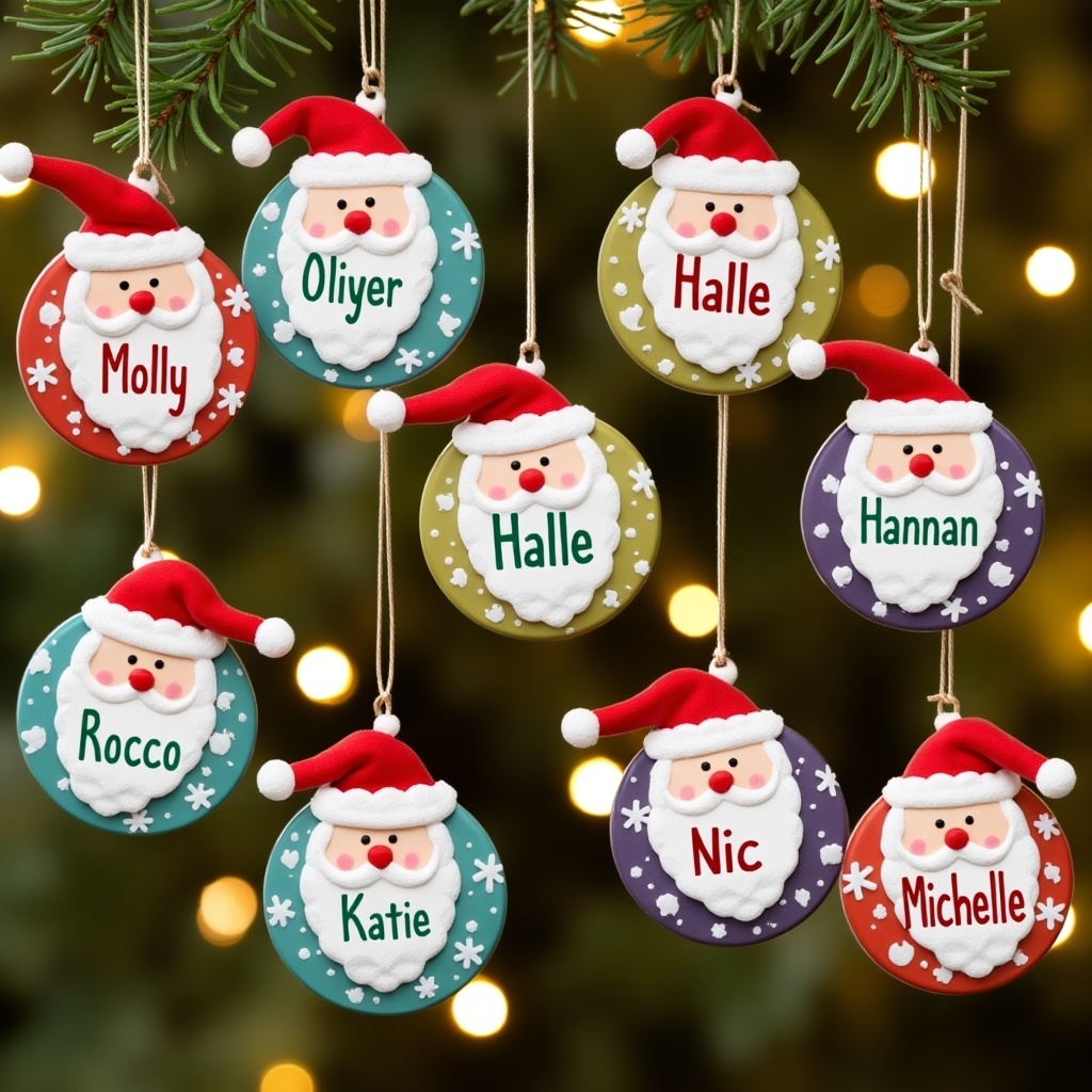 The image features a collection of festive Santa-themed baubles, each adorned with a different name. These baubles have vibrant colors, including red, green, and blue, with the iconic Santa Claus face as the central design. Hanging from a tree branch, the ornaments are set against a softly lit background that adds to the holiday ambiance. Names like 'Molly', 'Oliver', and 'Katie' are artistically displayed, making these baubles perfect for personalized gifts. The scene captures the essence of Christmas, showcasing a blend of creativity and festive spirit.