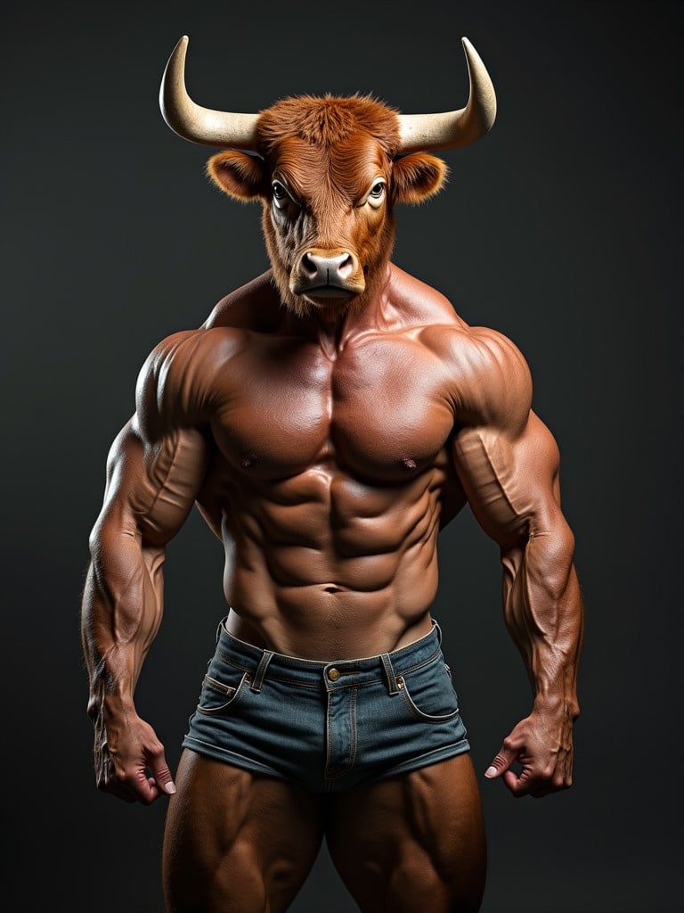 A muscular bodybuilder with a bull's head. The figure stands confidently. The background is dark to emphasize the subject. Strong muscular definition visible throughout the body. Artistic representation merges human and animal features seamlessly.