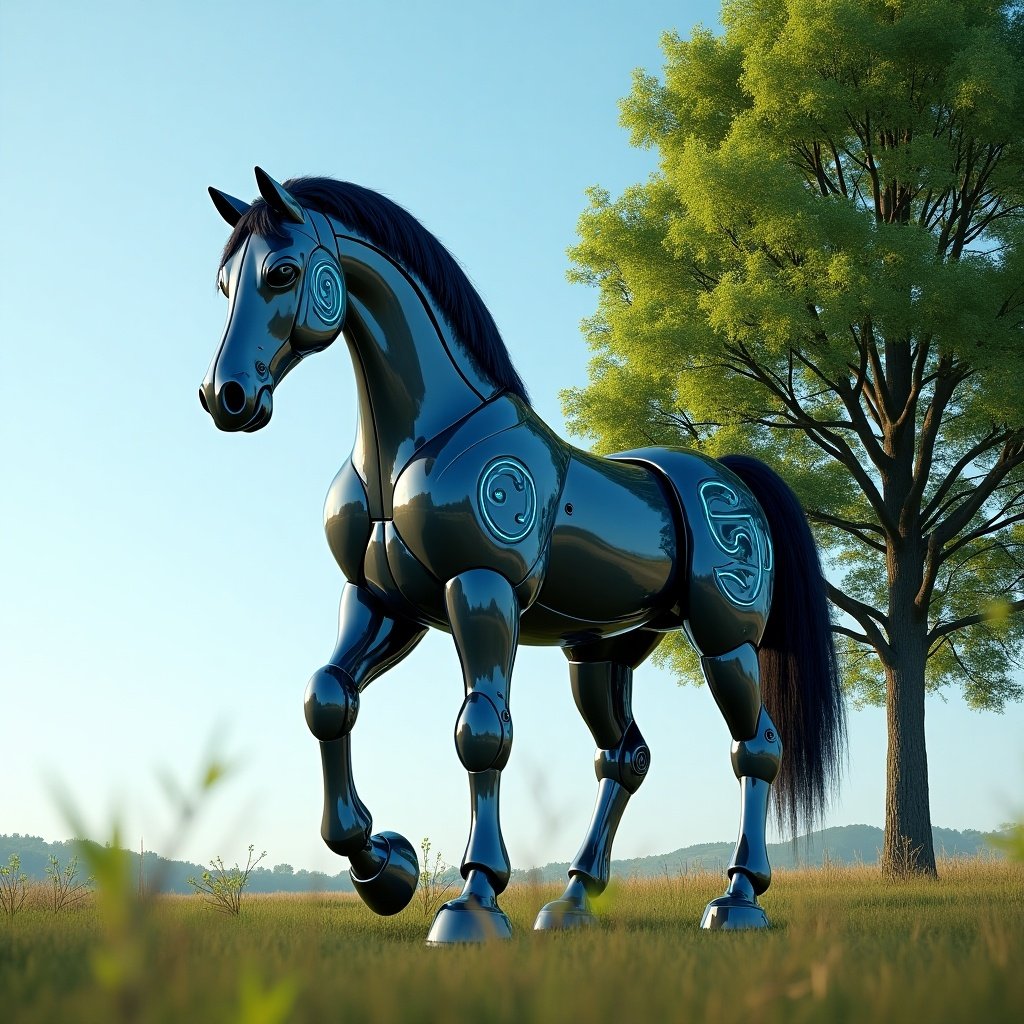 A large beautiful robotic horse is standing in the grasslands next to a tree. The horse has a shiny black finish with neon blue lights incorporated into its design. The setting features a clear sky and lush grass.