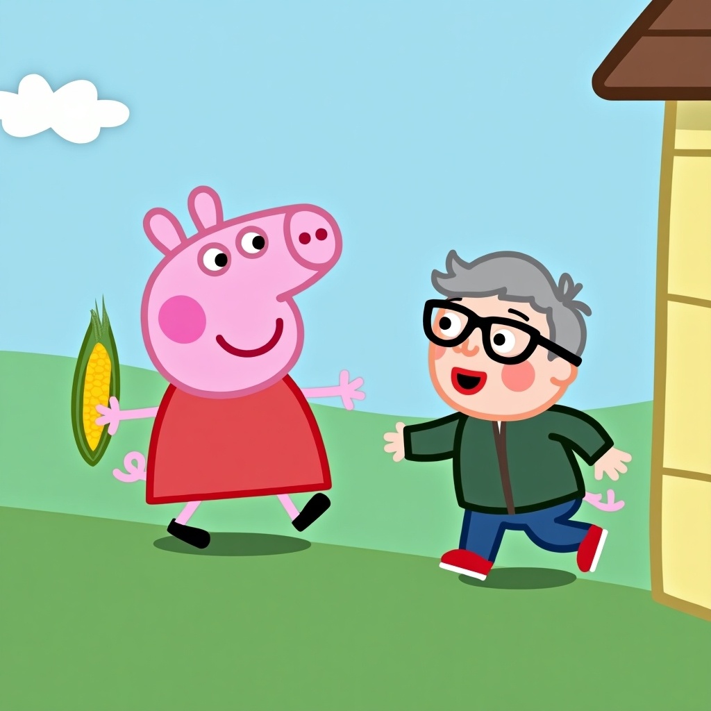 Peppa Pig playfully chases a boy on the hill of her house. Peppa has an ear of corn in her hand. The boy has gray hair, wears black glasses, and a dark green sweatshirt.