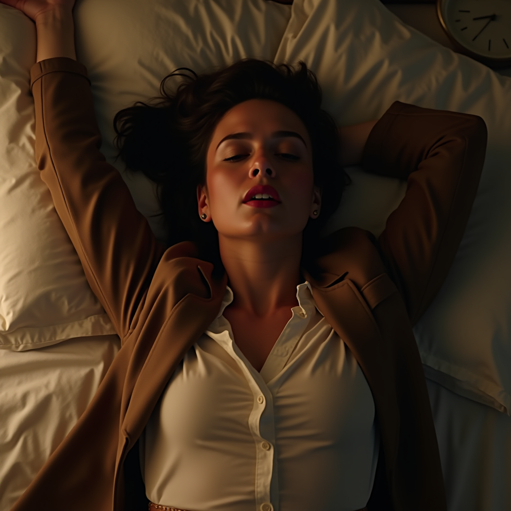 A woman in a brown blazer lies on pillows with a clock in the background, exuding a sense of calm and relaxation.