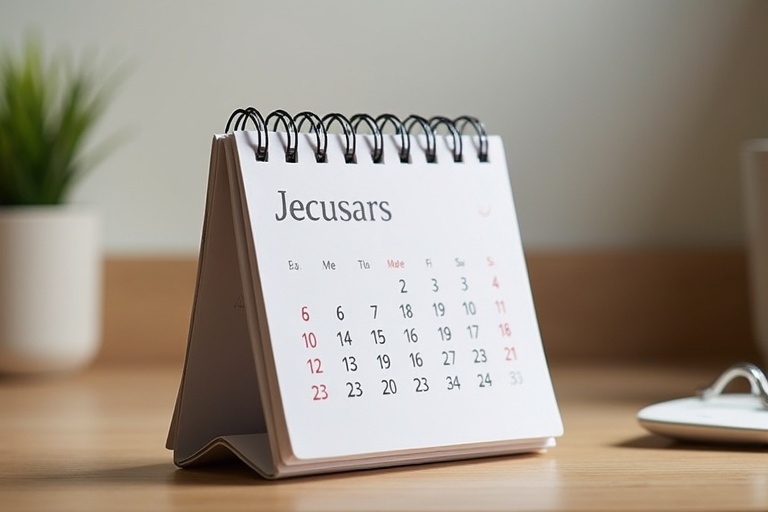 A desktop calendar placed on a wooden surface. The calendar shows the month of Jecusars. It has a spiral binding. The setting is simple and modern. It is illuminated by natural light. Nearby there is a green plant in a pot. The atmosphere is calm and organized.