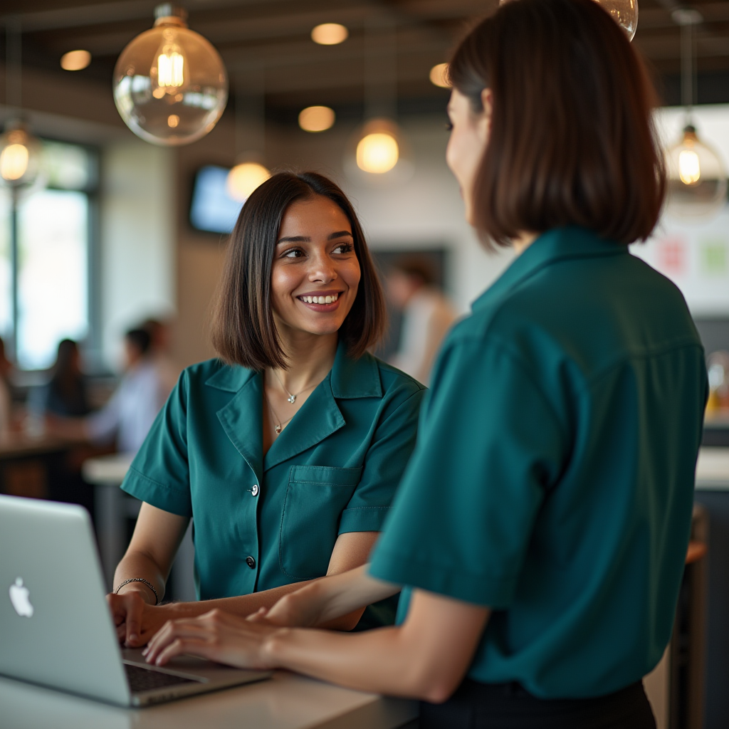 Two women in work uniforms happily collaborate at a café counter.