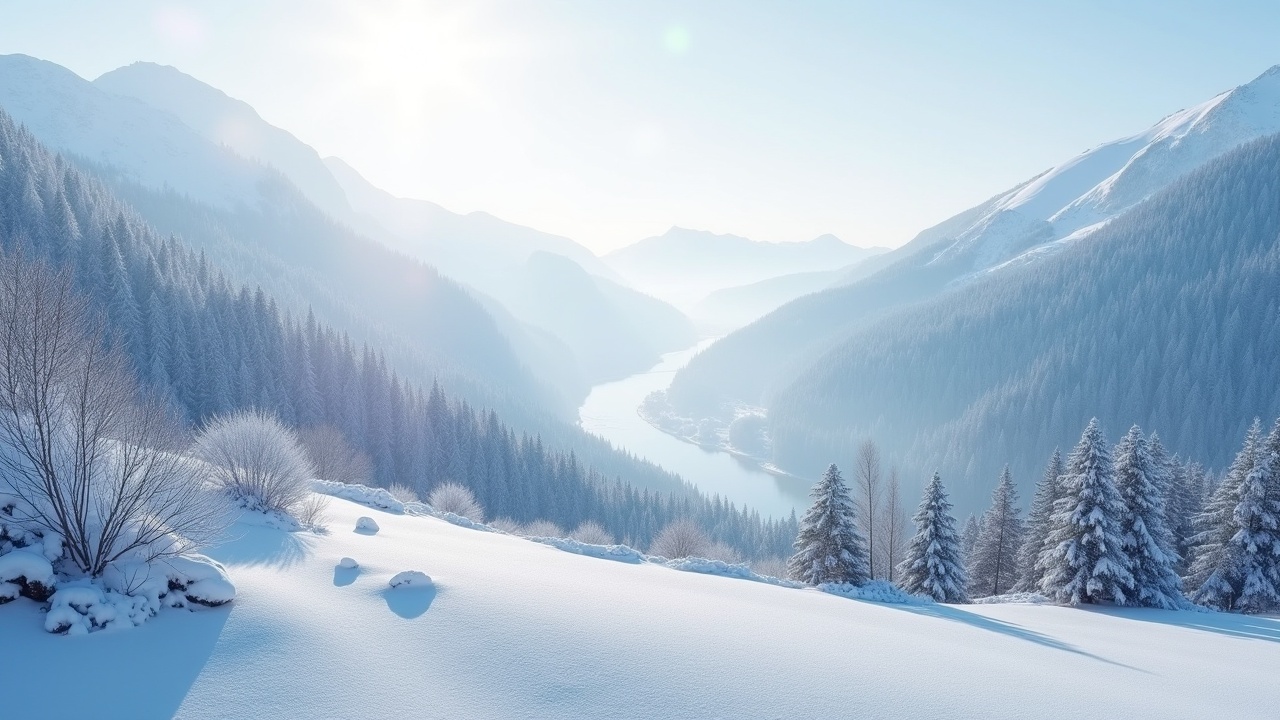 This image captures a breathtaking winter scene from a bird's-eye view. The landscape is blanketed in fresh snow, creating a serene and tranquil atmosphere. Light snow is gently falling, adding a magical touch to the scenery. The mountains in the background are beautifully dyed white by the snow, enhancing the winter wonderland feel. A winding river can be seen cutting through the valley, adding depth to the composition.