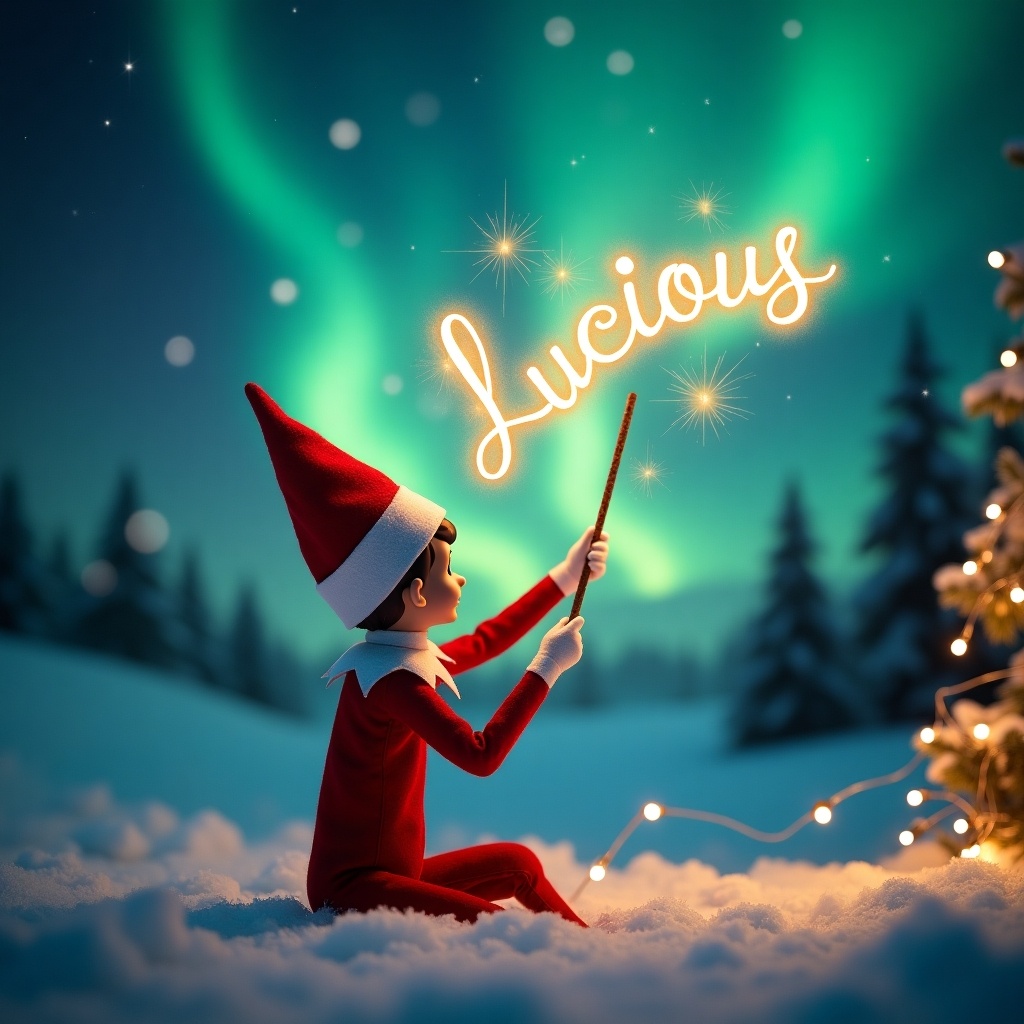 An Elf on the Shelf is featured in a magical, wintery scene, sitting with its back to the viewer. The elf is dressed in festive red and white attire, captivated by the breathtaking display of the northern lights in the sky. It joyfully holds a wand that creates a shimmering, golden script spelling out 'Lucious' in mid-air. Surrounded by a snowy landscape and twinkling Christmas lights, the ambiance exudes warmth and enchantment. This delightful scene perfectly captures the festive spirit of the holiday season.