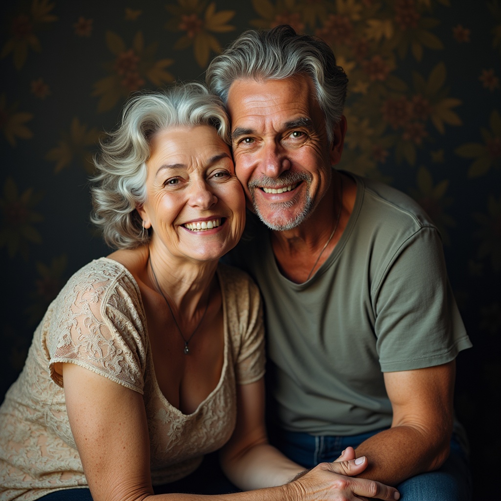 This image depicts an elderly couple joyfully posing together. They are smiling warmly, conveying a sense of love and companionship. The background features floral patterns, adding a nostalgic touch. The lighting is soft, highlighting their expressions and creating a warm atmosphere. This photograph captures the essence of a lasting relationship in their golden years.