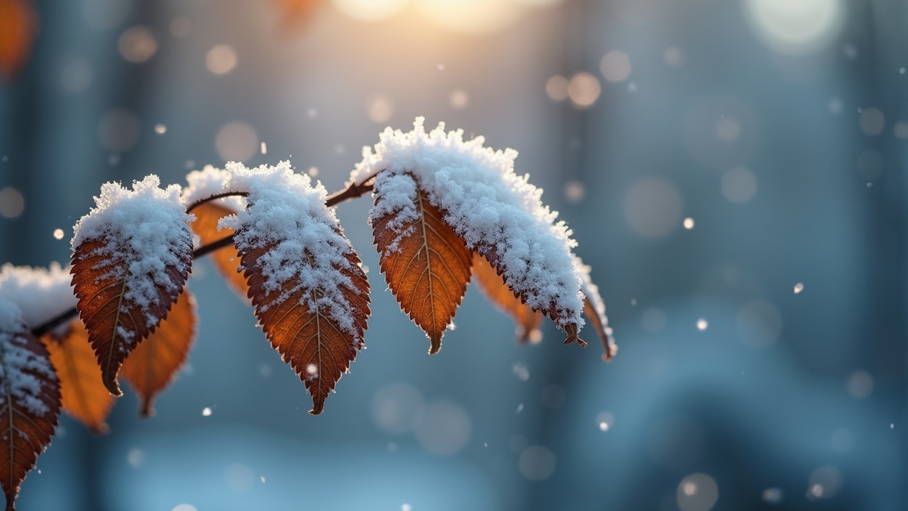 This close-up photograph captures a serene winter scene featuring dry leaves lightly dusted with snow. The image focuses on the intricate textures of the leaves, highlighting the contrast between the warm browns and the cool whites of the snow. Soft light bathes the composition, creating an ethereal glow in the background. A gentle snowfall is apparent, adding a sense of calm and tranquility to the scene. The abstract blurred background enhances the focus on the leaves while evoking the feeling of a quiet winter day.