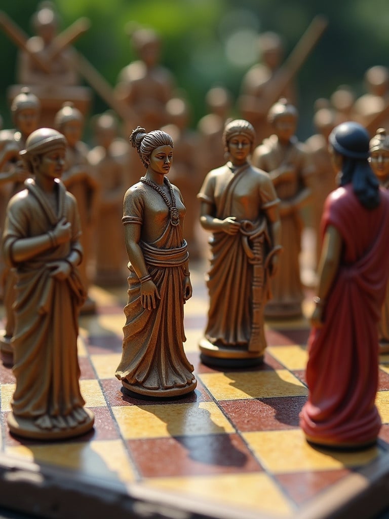 A chess game board with real people as the chess pieces. Figures are dressed as characters from the Mahabharata with an emphasis on historical attire. Chess is set outdoors with a blurred background of more chess pieces.