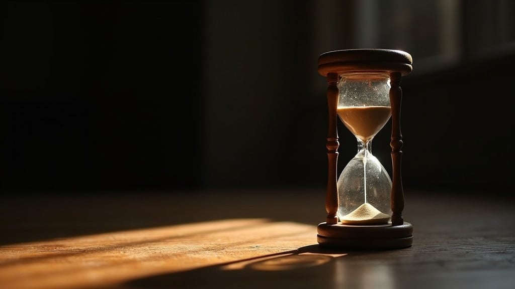 Dramatic shot of an hourglass positioned on a wooden table. Hourglass filled with sand partially in the bottom bulb. Background transitions from dark to light. Shadows cast by interesting lighting highlight the hourglass.