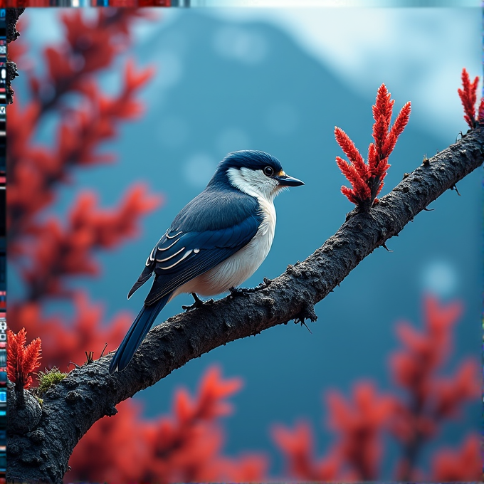 A small blue and white bird perches gracefully on a textured branch with vibrant red foliage, set against a softly blurred mountainous backdrop.