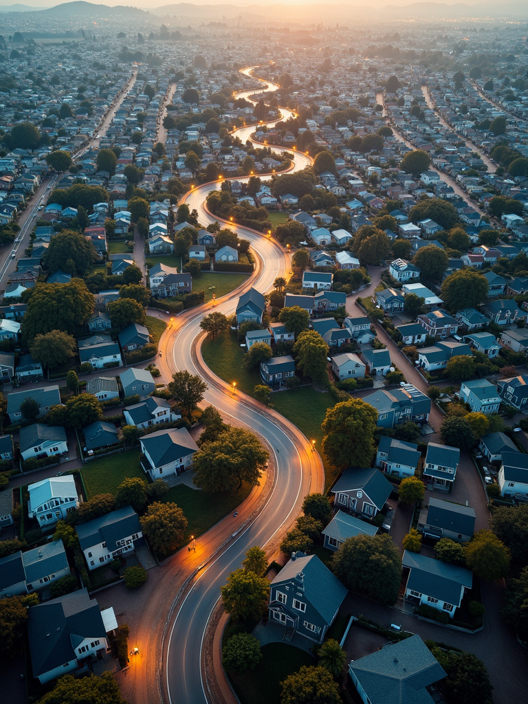 An aerial view of a neighborhood at sunrise, featuring a winding, illuminated road lined with houses and lush trees, leading towards the hazy horizon.