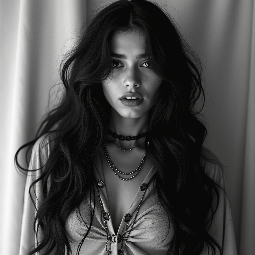 A monochrome portrait of a woman with long, flowing hair and layered necklaces, exuding confidence and allure.