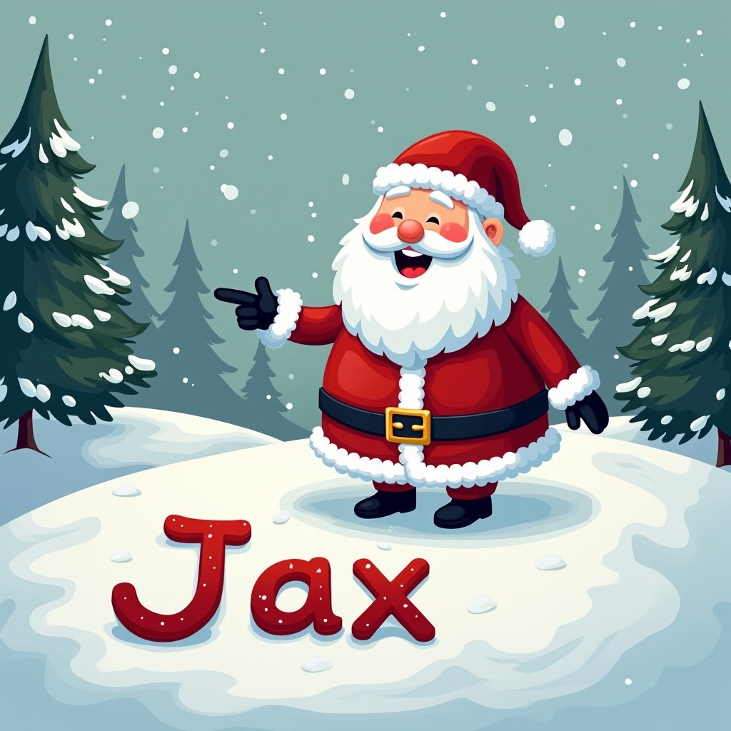 Image of joyful Santa in snowy landscape. Santa wears classic red suit, matching hat. Santa points at name 'Jax' in snow. Landscape features evergreen trees and snowflakes. Scene captures warmth and joy of holiday spirit.