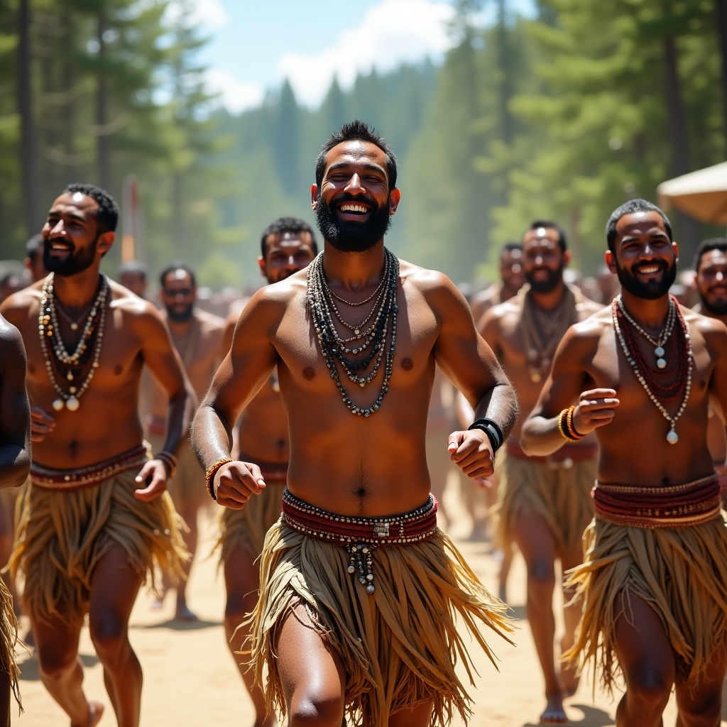 This image features a lively group of men dressed in traditional tribal attire, dancing joyfully outdoors. The setting is a cultural festival on a bright sunny day, surrounded by a lush forest. The dancers wear vibrant costumes and display a sense of community and celebration. Their expressions are filled with joy and enthusiasm, capturing the spirit of the event. The overall atmosphere is festive and full of life, showcasing the richness of tribal traditions.