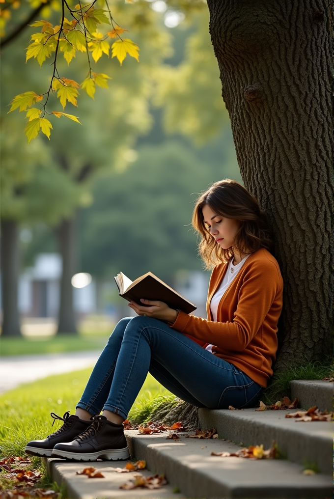 A young woman sits under a tree, reading a book on a sunny autumn day.