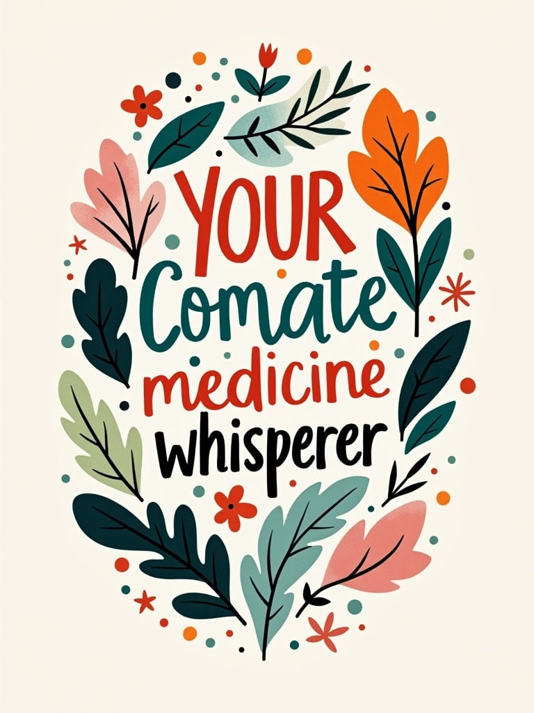 Colorful typography design displaying the quote Your medicine whisperer. Abstract shapes and leaves surround the text.