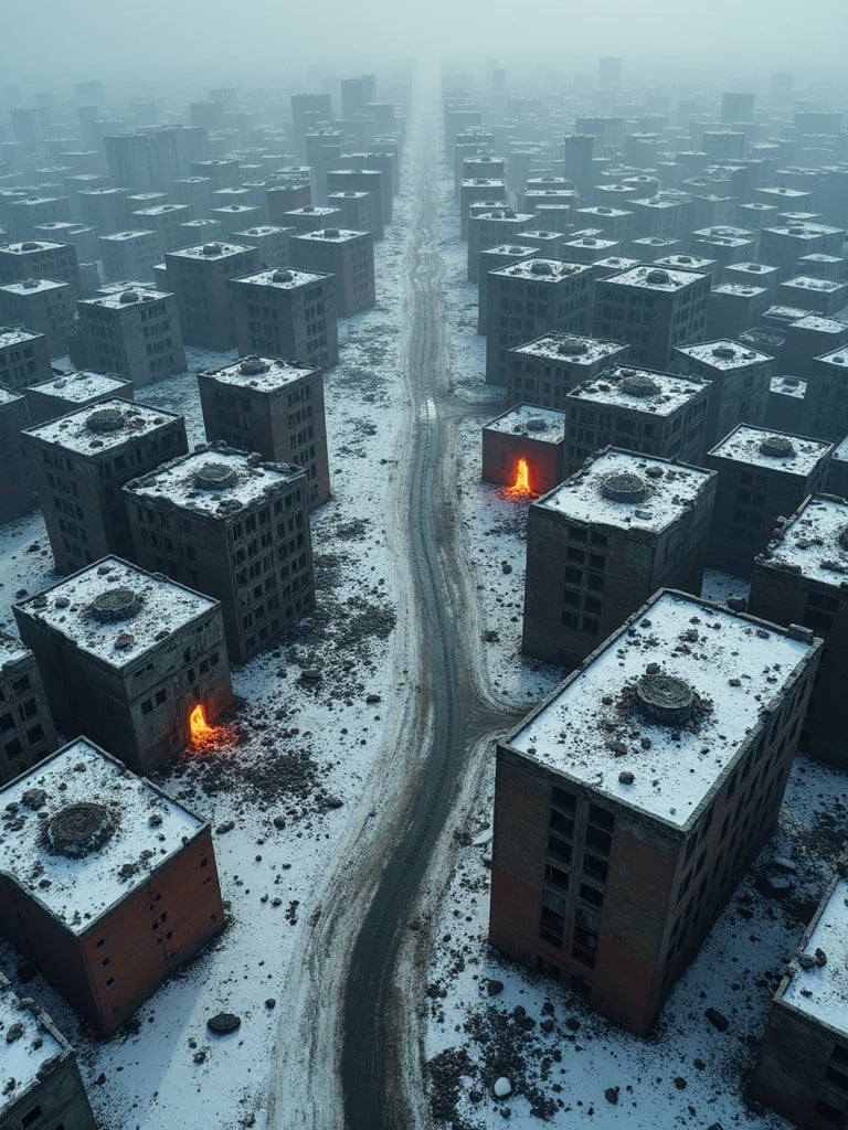 Top-down view of a devastated urban landscape. Buildings are in ruins. Lava flows through parts of the area. Snow covers other sections. Stark contrast represents chaos and destruction.