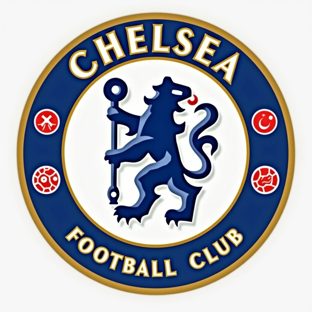 Chelsea football club badge with a lion and a key. Club name is prominent. Badge features colors blue, white, and gold. Emblem has distinct design elements.