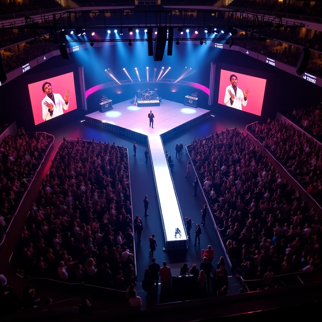 Aerial view of Roddy Rich concert at Madison Square Garden. T-stage runway is prominently featured. The audience is energized. Dynamic lighting enhances the atmosphere. Large screens display visuals. Event captures the excitement of live music.