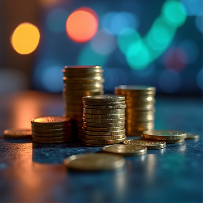 Piles of gold coins are stacked on a table with colorful blurred lights in the background.