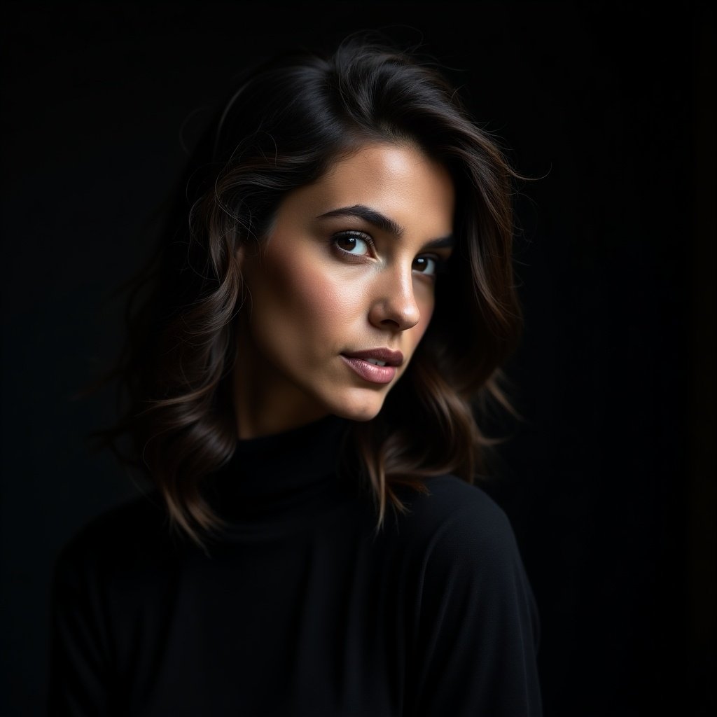 Portrait of a beautiful woman with rich textures. Dark black and light black layers. Soft natural lighting. Wavy hair and elegant expression. Photography focused on facial beauty.