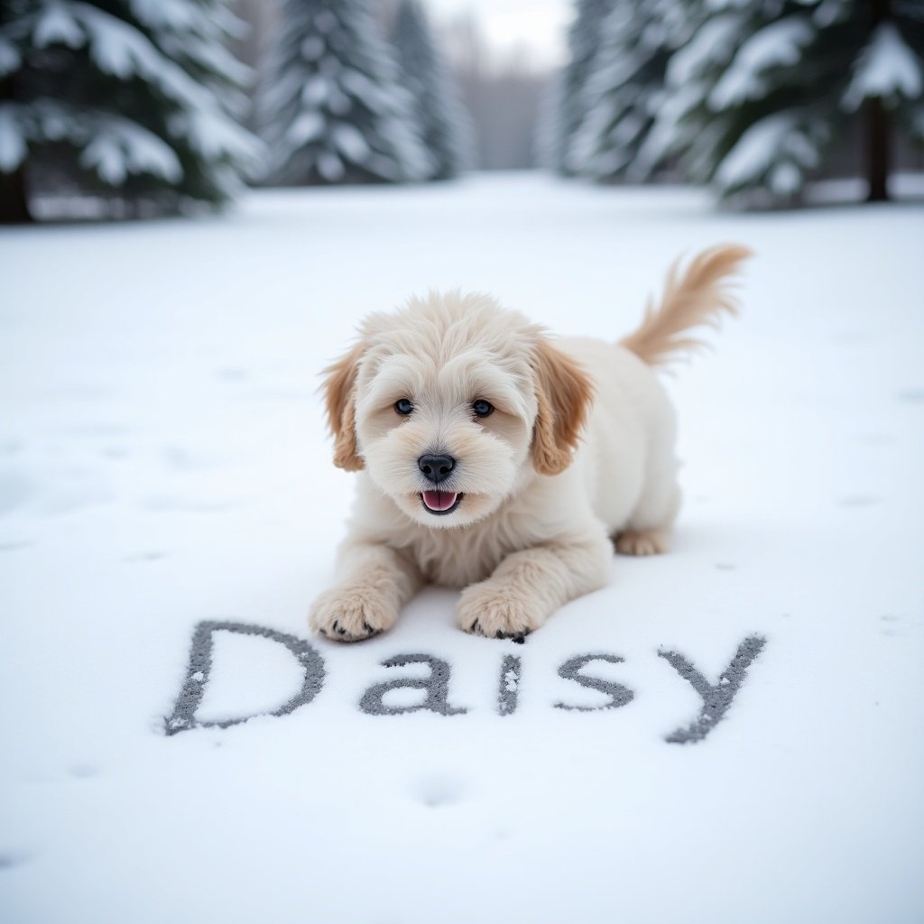 White Cockapoo puppy lying on snow. Name Daisy is written in the snow.