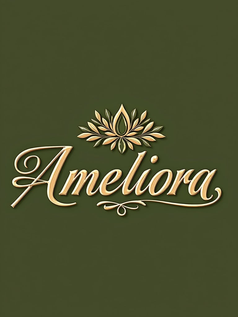 Lavish calligraphy spells out Ameliora. Gold lettering features intricate designs. Sophisticated logo incorporates olive oil imagery. Background is olive green. Emphasis on elegance and quality.