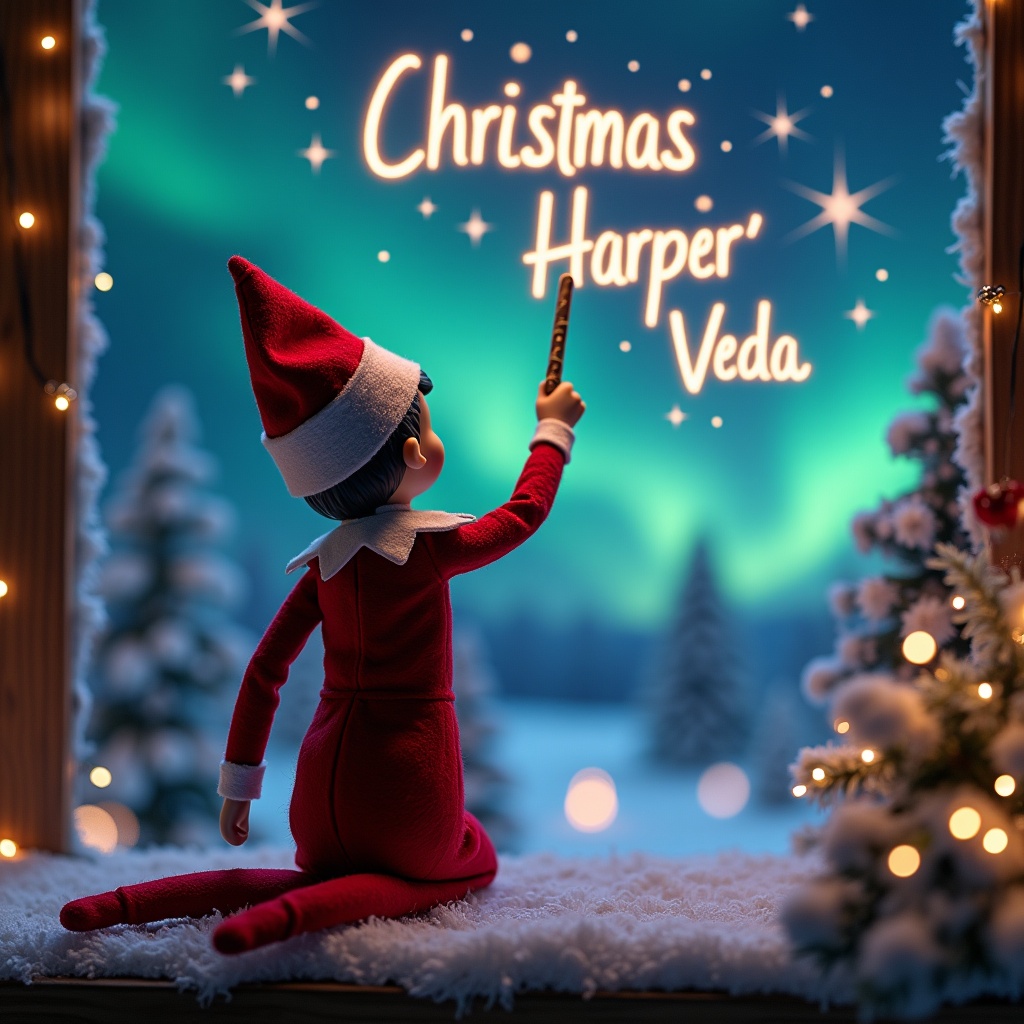 This enchanting Christmas scene showcases an elf on the shelf, embodying the magic of the holiday season. The elf, dressed in a festive red and white outfit, is seen from behind, looking up as he wields a magic wand. With this wand, he carefully writes names like 'Cora', 'Harper', and 'Veda' in sparkling, glowing letters above him. The backdrop features a stunning display of northern lights, enhancing the magical and whimsical atmosphere. This setting captures the spirit of Christmas and evokes feelings of wonder and excitement. It's a perfect scene for celebrating the joy of the holiday season and family traditions.