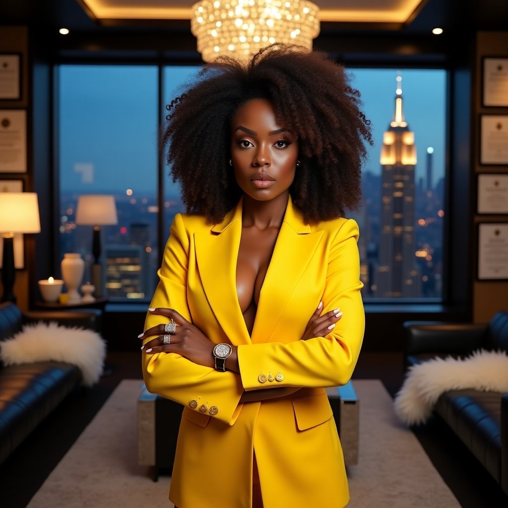 Woman in yellow suit poses confidently in an upscale office. Empire State Building visible through windows at night. Room features modern decor, leather furniture, and elegant accents. Woman has curly hair and striking makeup. Accessories include a ring and manicured nails.