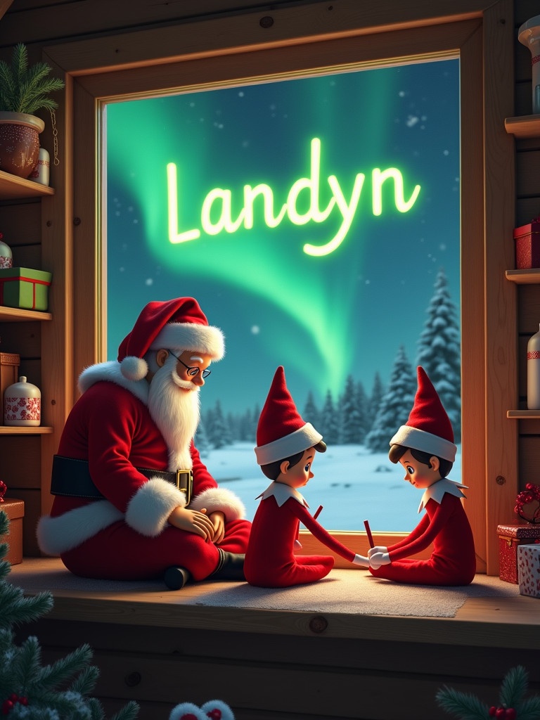 Elf on the shelf in a cozy cabin. Santa Claus sits with two elves by a window. Beautiful sky with northern lights. Writing notes together. Preparing for the holiday season. Warm and inviting ambiance. Spirit of giving and excitement. Name 'Landyn' written in green letters.