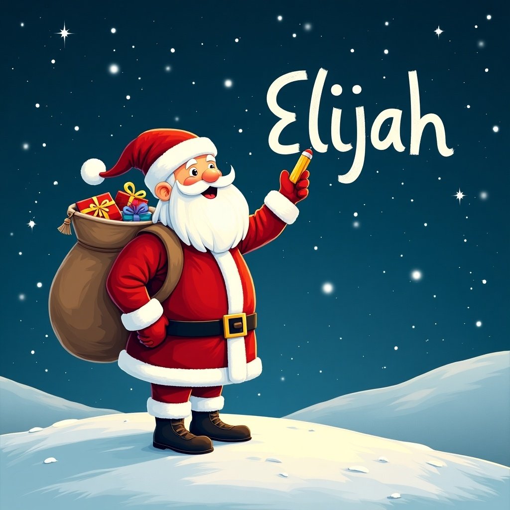 Santa Claus stands on snowy hill under starry night. He is writing names in the sky with a pencil. He is dressed in red and white. A large sack of gifts is on his back. The name 'Elijah' is displayed in a whimsical font.