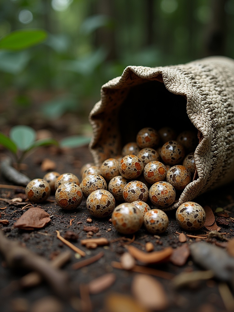 Hyper-realistic marbles made of Caboclo cobra coral skin spill from a natural snakeskin sack. Scene shows the forest floor in the Amazon jungle.