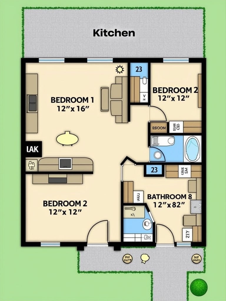 A detailed floor plan of a house showing living room kitchen bedrooms and bathrooms. Dimensions of rooms labeled clearly. Includes storage utility area and passage to back.