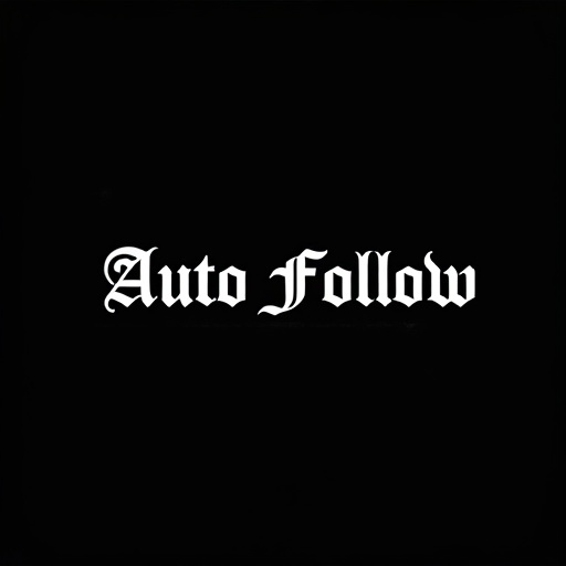 Stylized text 'Auto Follow' in white color. Metalcore band font used for emphasis. Black background enhances visibility. Simple graphic design focuses on typography and style.