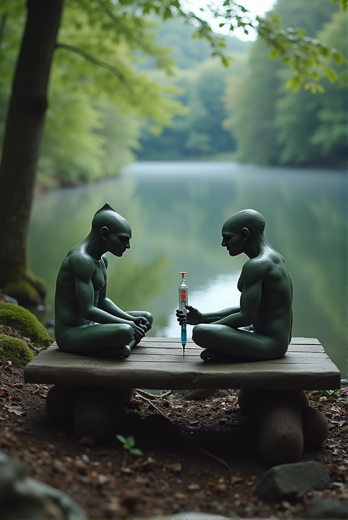 Two green humanoid figures sit cross-legged on a wooden platform in a tranquil forest setting, focused on a syringe balanced between them.