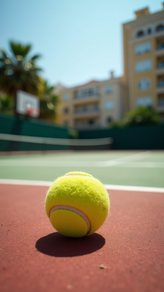 A close-up view of a bright yellow tennis ball on a red tennis court with blurred buildings and a palm tree in the background.