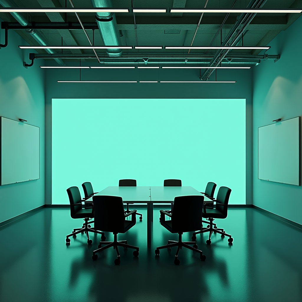 A modern conference room with a glowing turquoise wall and sleek office chairs around a table.