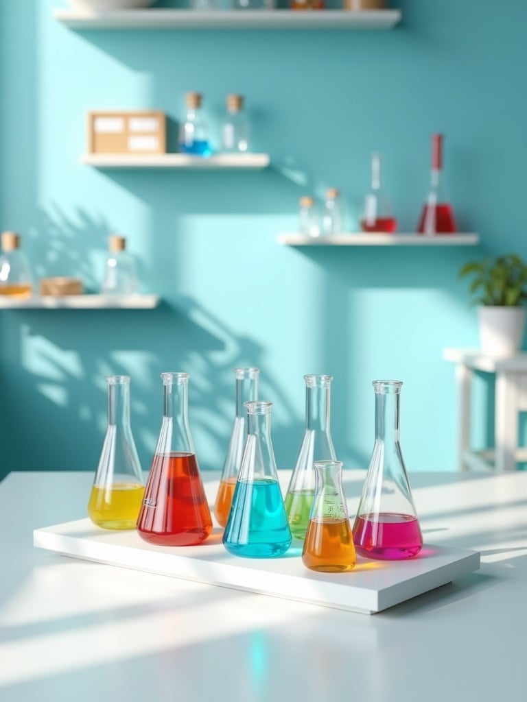 A row of glass flasks filled with colorful liquids. Flasks have orange, red, green, cyan, and magenta liquids. The flasks are arranged on a white table. The background features a blue room with shelves. The environment is bright and sunny.