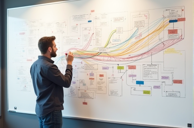 A person is drawing a detailed and colorful flowchart on a large whiteboard.