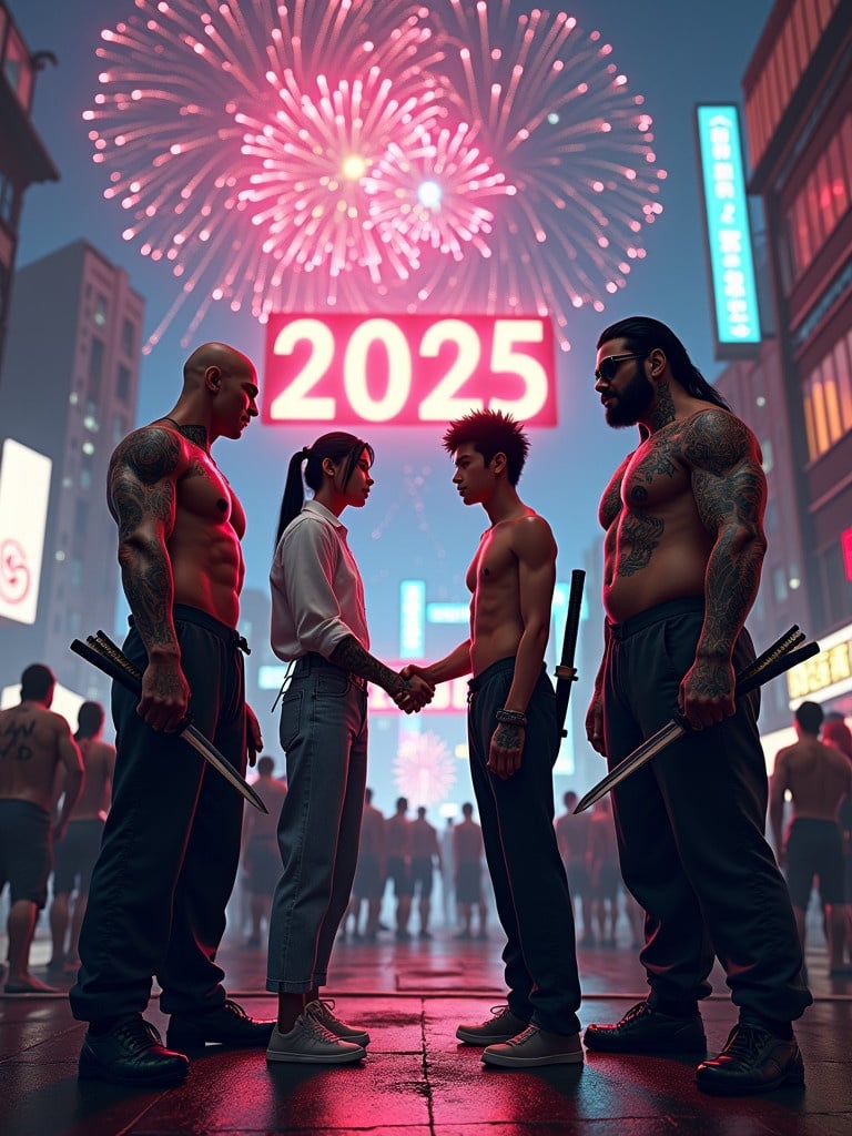 A highly realistic digital artwork showing a climactic scene in an urban plaza. Five powerful gang leaders of Japan are under the night sky surrounded by neon buildings. They shake hands symbolizing respect. One is a muscular woman in a jic outfit with tattoos and a sword. Another is a bald, muscular gangster in a white shirt and sunglasses. A wiry, shirtless teenager with tattoos holding a samurai sword stands nearby. A sharply dressed man in a suit with flowing hair and sunglasses exudes charisma. The last leader is a tattooed sumo wrestler. Their gangs unite behind them. Fireworks light the night sky with bright colors and the numbers '2025' for New Year. The lighting captures the vibrancy of the moment and contrasts their fierce looks with the celebration atmosphere.